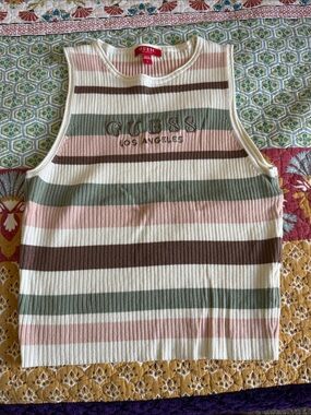 Guess Striped Ribbed Crop Top in Cream, Pink, Olive & Brown